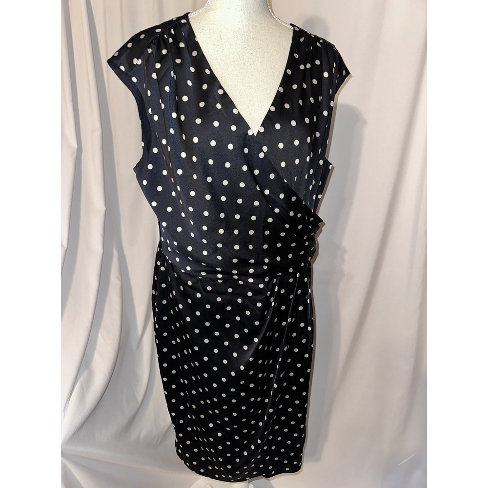 Ralph Lauren Dress Size 16 Polka Dot Sheath Surplice Neck Stretch Ruched Side